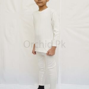 “Boys Round Neck Off White – Cotton Stretch Outfit – orchid.pk”