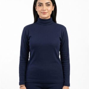 Women High Neck Cotton Navy Blue Front View – Orchid.pk