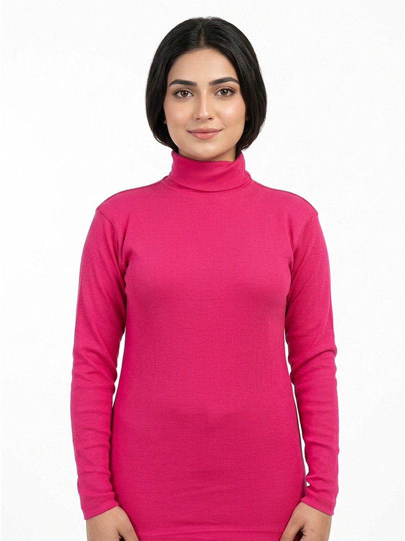 women high neck cotton shocking pink Women High Neck Cotton Shocking Pink Front View – Orchid.pk
