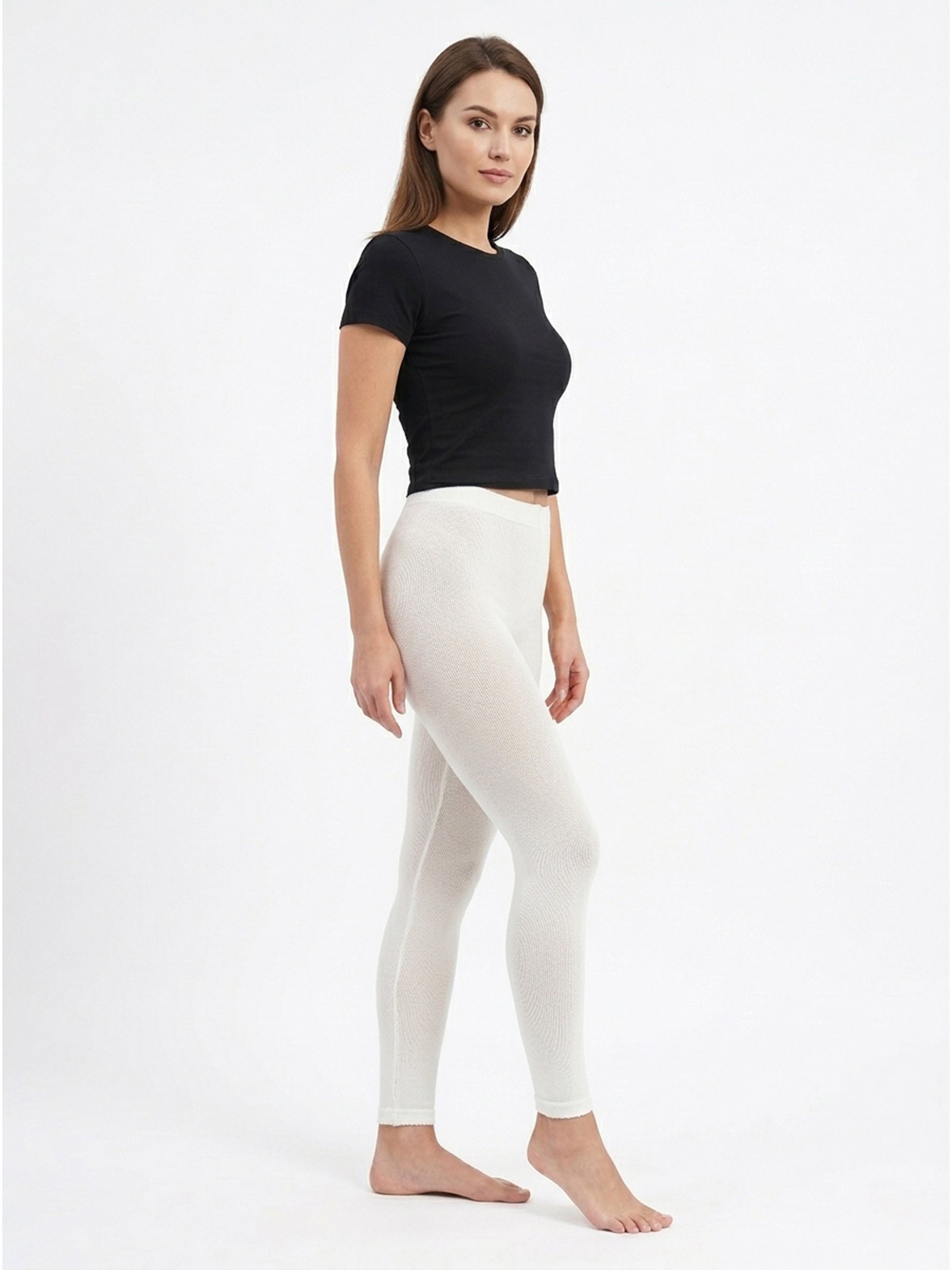 Women Winter Tights Off White Side Pose Women Off White Winter Tights Side View