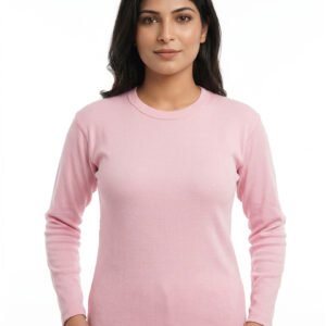 Women wearing Baby Pink Cotton Round Neck Full Sleeve