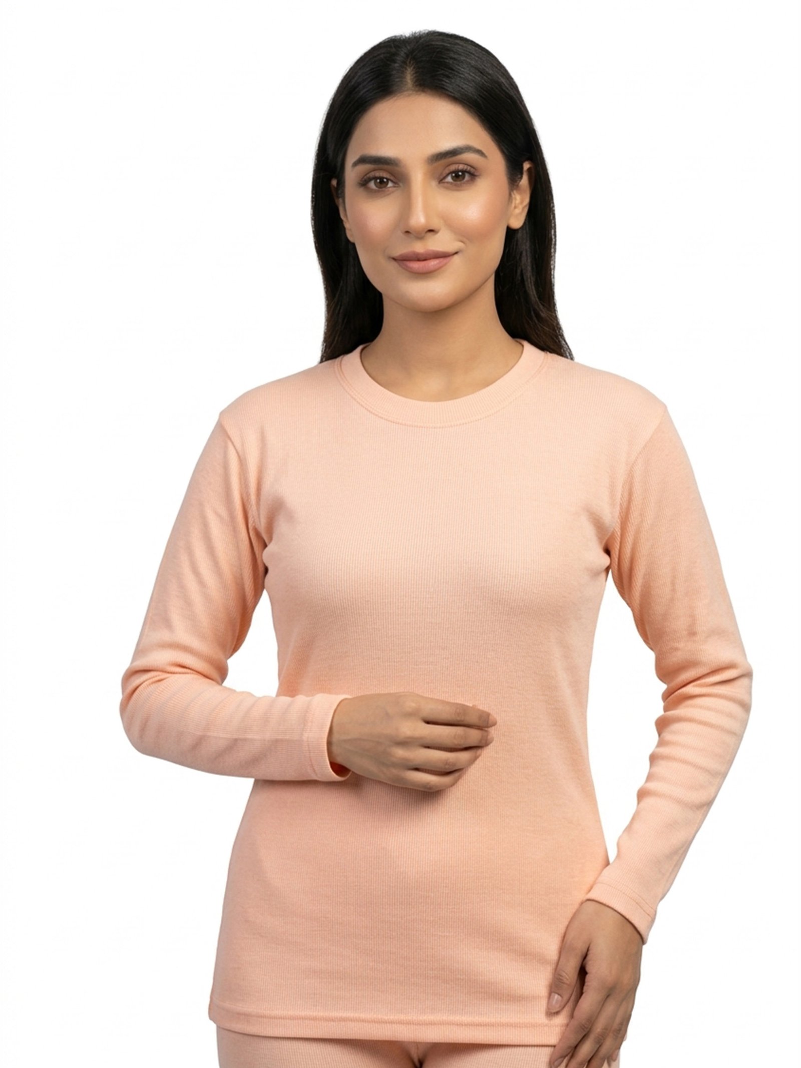 women round neck cotton peach Women round neck cotton suit in peach with matching tights by Orchid.pk