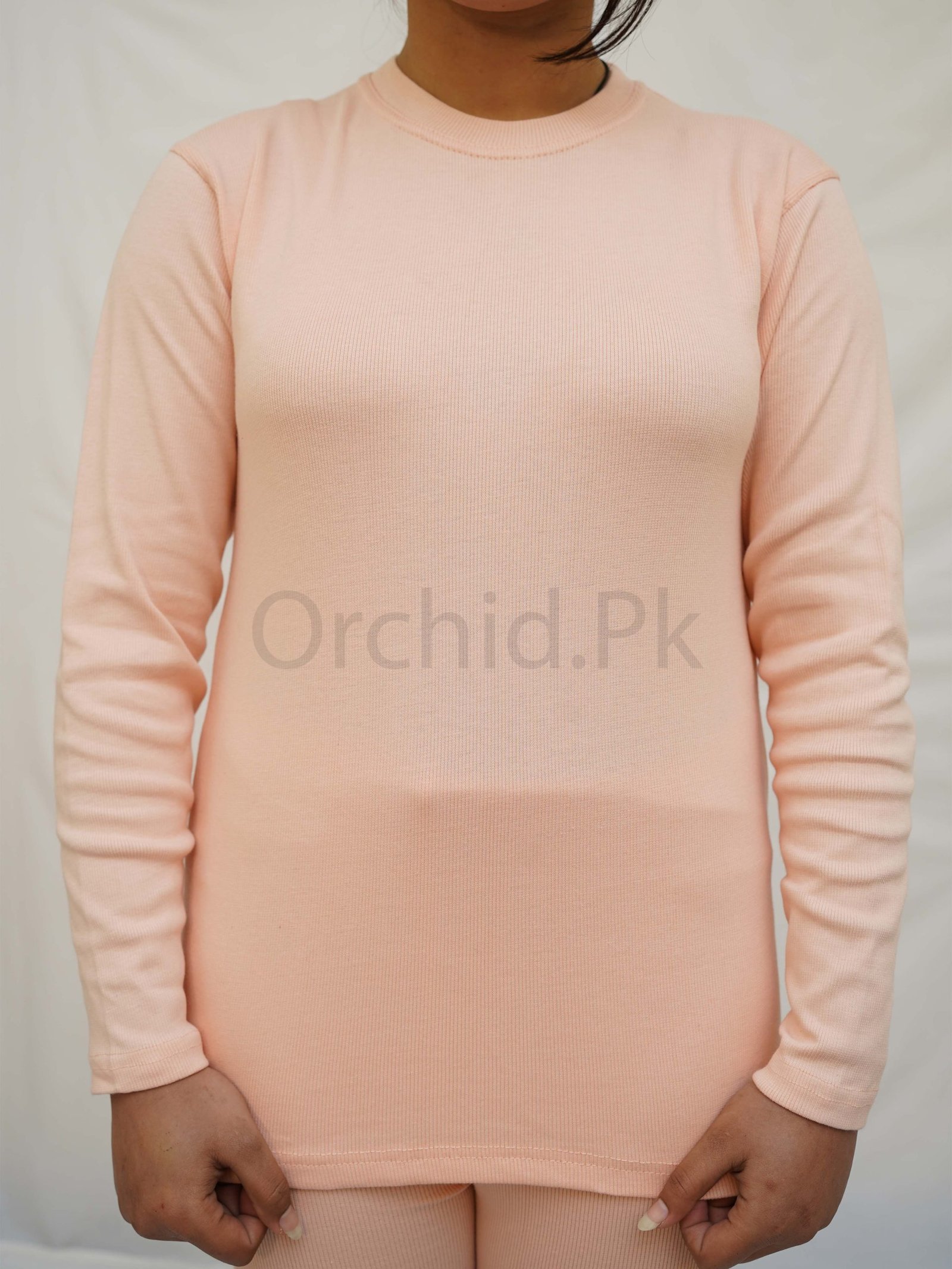 Women round neck cotton suit in peach with matching tights by Orchid.pk