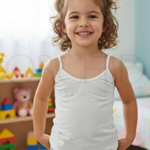 Soft cotton girls camisole with thin straps for ages 3-5 years in white, black, and skin colors.