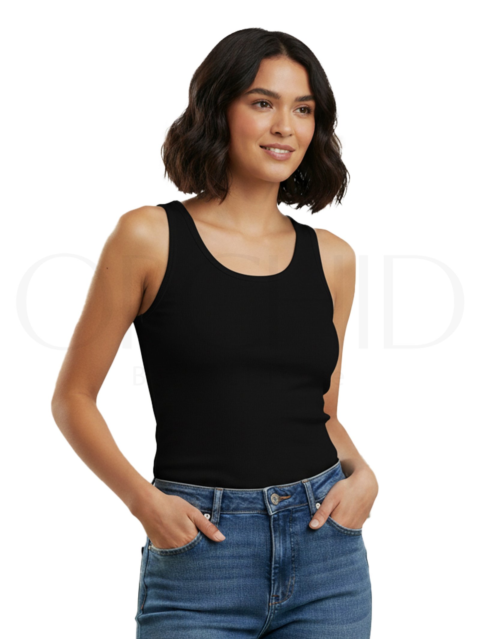 Woman wearing rib-knitted cotton sleeveless inner; soft, stretchable, skin-friendly fabric