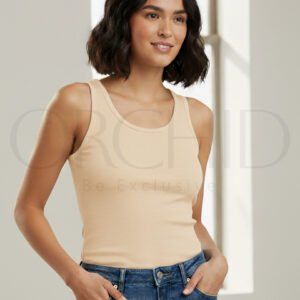 Woman wearing rib-knitted cotton sleeveless inner; soft, stretchable, skin-friendly fabric