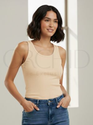 Woman wearing rib-knitted cotton sleeveless inner; soft, stretchable, skin-friendly fabric