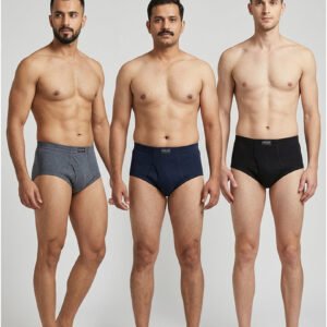 Pack of 3 Orchid men’s cotton briefs worn by three models displaying jet black, navy blue, and heather dark grey colors in a professional studio shot.
