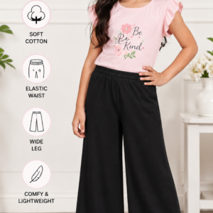 Girl wearing soft cotton stretchable palazzo bottom pants with elastic waist.