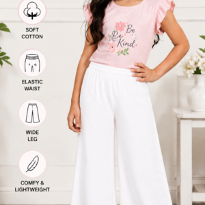 Girl wearing soft cotton stretchable palazzo bottom pants with elastic waist.