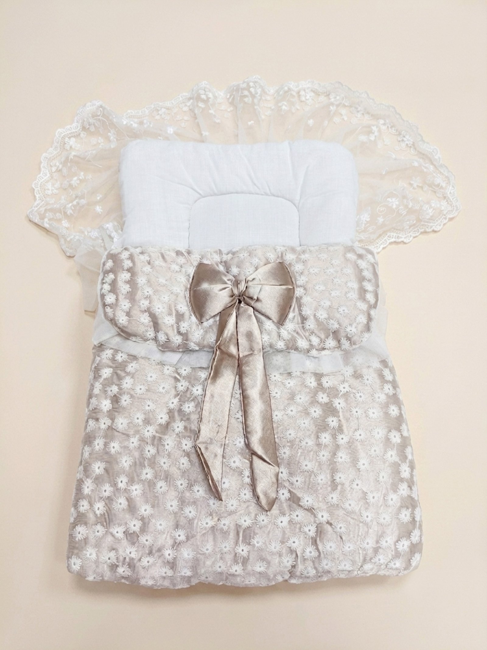 Luxury Baby Carry Nest Beige Brown | Orchid Pakistan Luxury Beige Brown Baby Carry Nest with Lace and Satin Bow for Newborn by Orchid