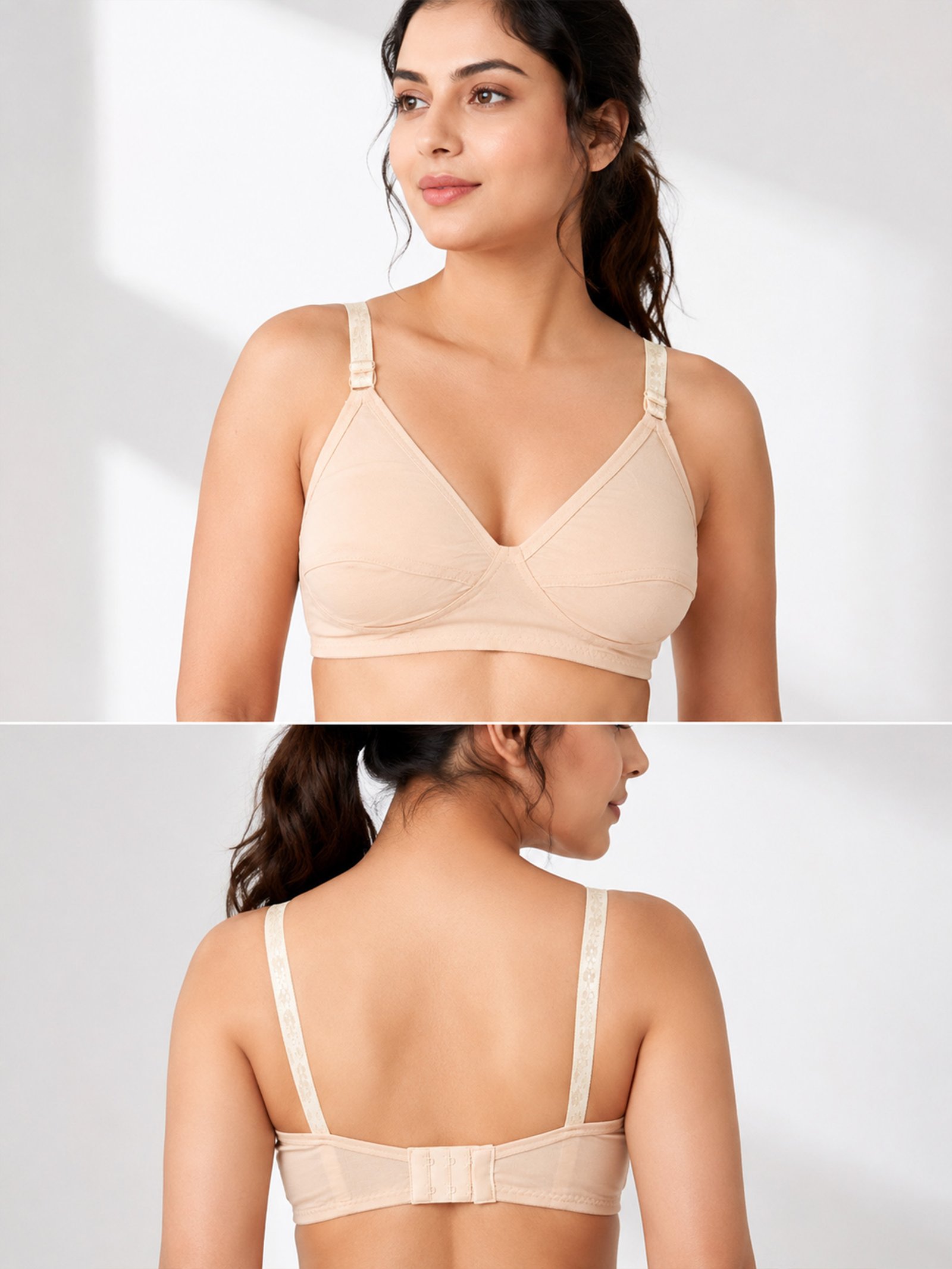orchid exclusive lawn cotton bra front back Close-up of breathable lawn cotton fabric and adjustable straps on Orchid bra